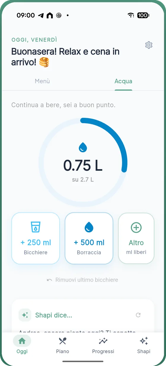 Schermata Acqua, con l'anello di progresso dell'idratazione