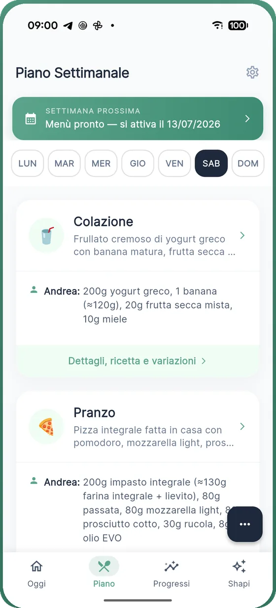 Schermata Piano Settimanale, con i giorni della settimana e i pasti