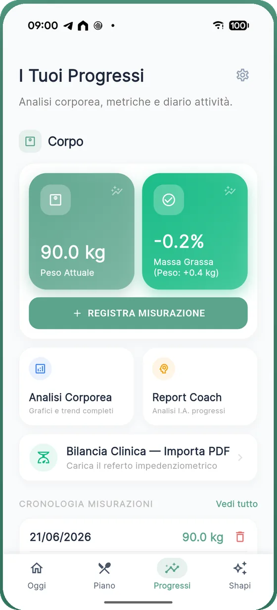 Schermata Progressi, con peso e massa grassa